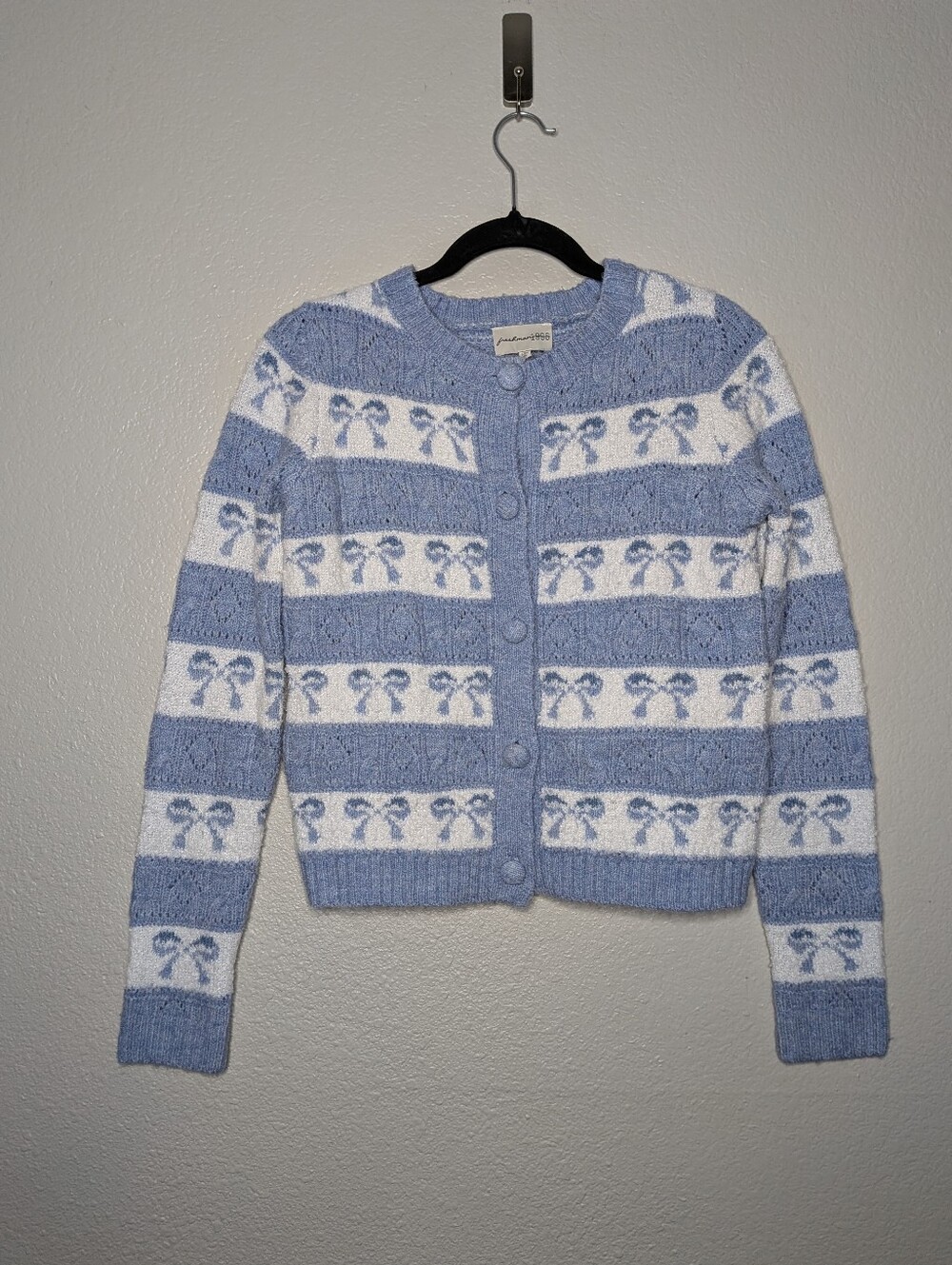 Freshman 1996 Blue White Coquette Twee Soft Girl Bow Stripe Knit Cardigan XS
